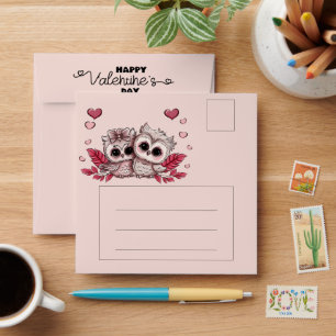 Cute Cartoon Owl Lovers Hearts Valentine’s Day Envelope