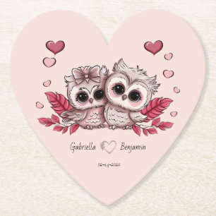 Cute Cartoon Owl Lovers Hearts Valentine’s Day Paper Coaster