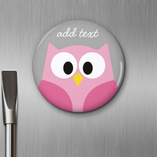 Cute Cartoon Owl - Pink and Gray Custom Name Magnet