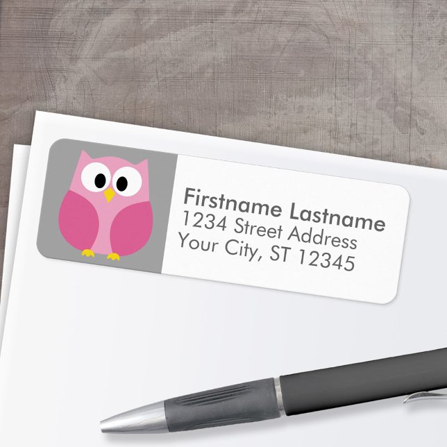 Cute Cartoon Owl - Pink and Grey Custom Name (Custom Return Address Labels - Low Minimum)