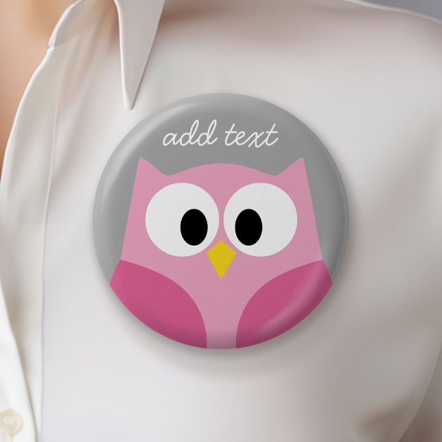 Cute Cartoon Owl - Pink and Grey Custom Name 6 Cm Round Badge (Custom Button)