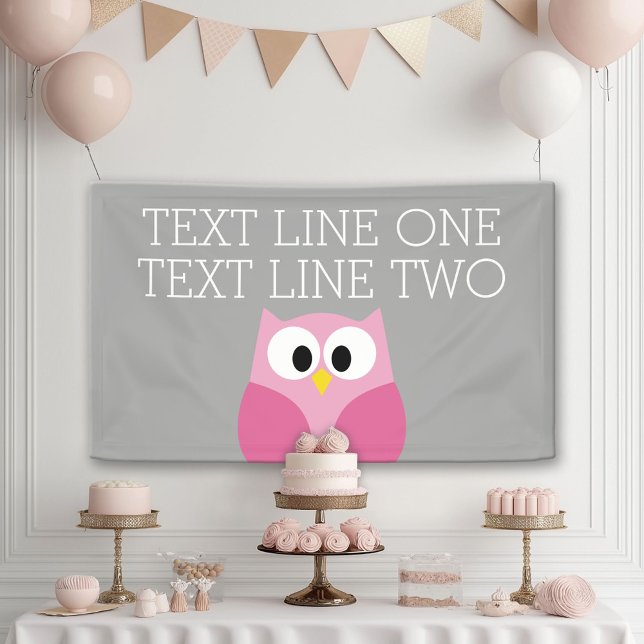Cute Cartoon Owl - Pink and Grey Custom Name Banner (Custom Party Banner)