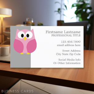 Cute Cartoon Owl - Pink and Grey Custom Name Business Card