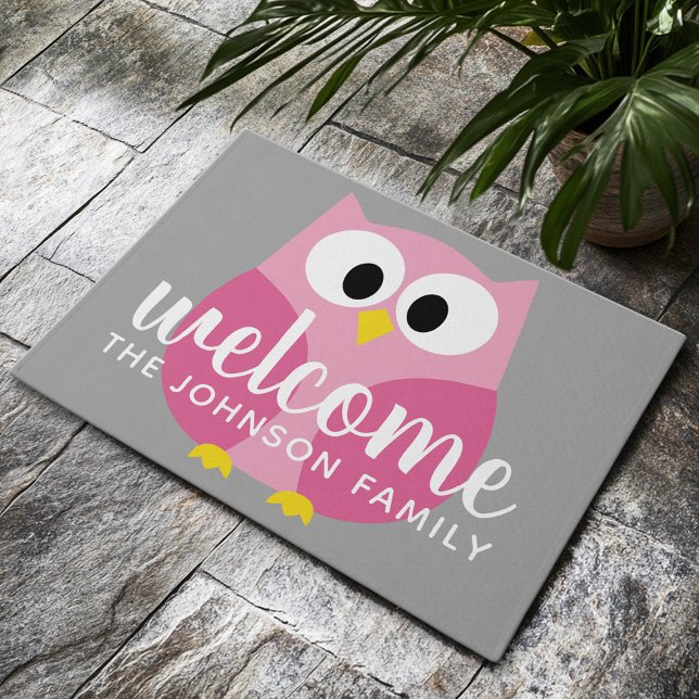 Cute Cartoon Owl - Pink and Grey Custom Name Doormat (Custom Welcome Doormat)