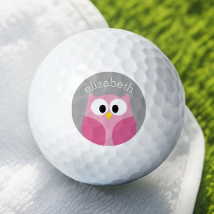 Cute Cartoon Owl - Pink and Grey Custom Name Golf Balls