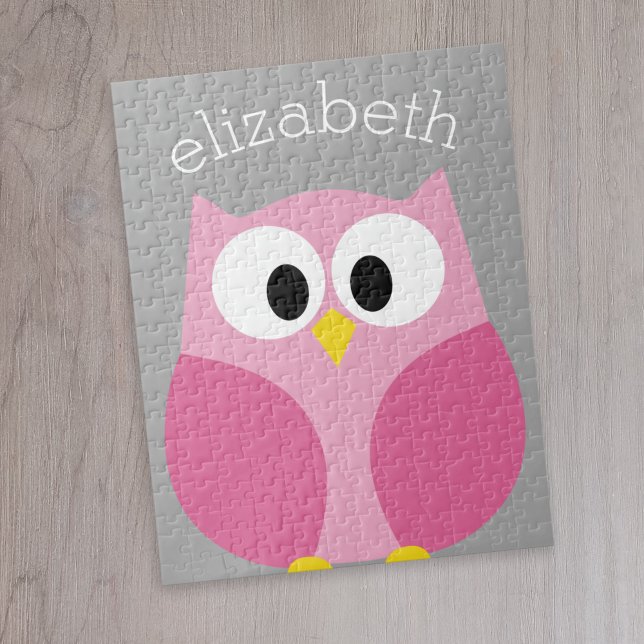 Cute Cartoon Owl - Pink and Grey Custom Name Jigsaw Puzzle (Cute whimsical owl personalized puzzle)