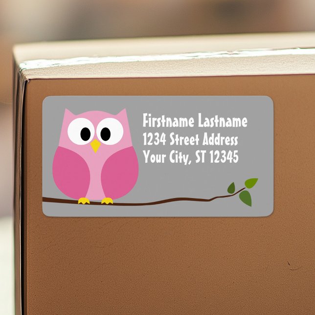 Cute Cartoon Owl - Pink and Grey Custom Name Label (Personalized return address label)