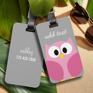 Cute Cartoon Owl - Pink and Grey Custom Name Luggage Tag