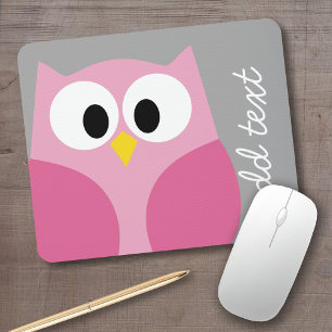 Cute Cartoon Owl - Pink and Grey Custom Name Mouse Pad