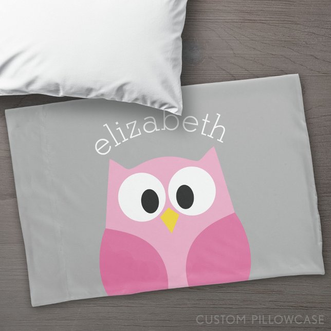 Cute Cartoon Owl - Pink and Grey Custom Name Pillowcase (Custom Pillowcase)