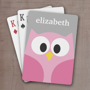 Cute Cartoon Owl - Pink and Grey Custom Name Playing Cards