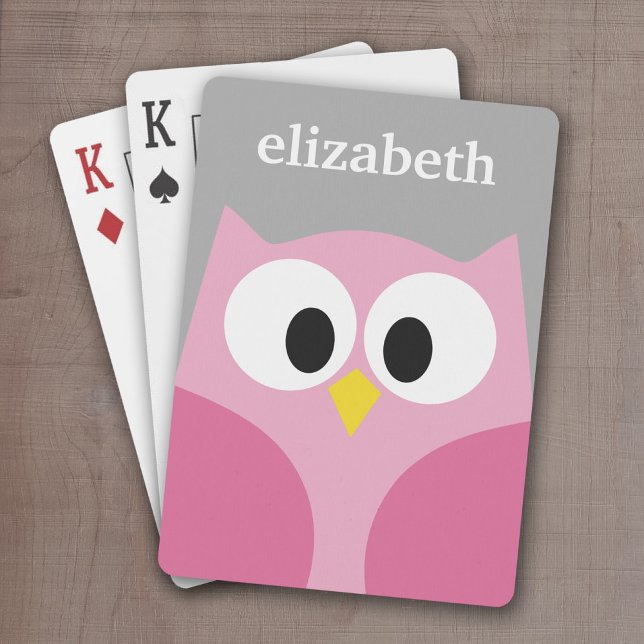 Cute Cartoon Owl - Pink and Grey Custom Name Playing Cards (Cute Personalized playing cards with a cartoon owl and a monogram or name)