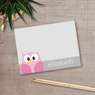 Cute Cartoon Owl - Pink and Grey Custom Name Post-it Notes