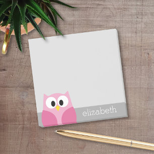 Cute Cartoon Owl - Pink and Grey Custom Name Post-it Notes