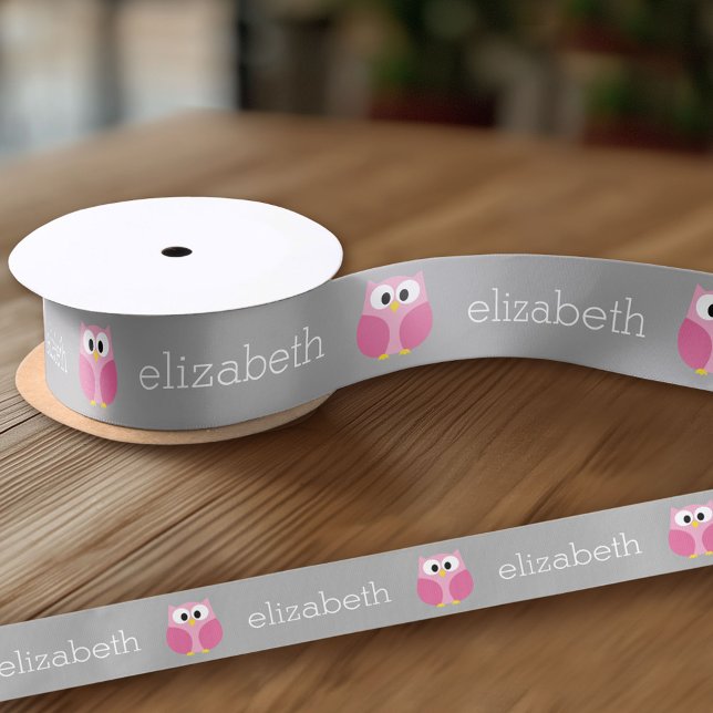 Cute Cartoon Owl - Pink and Grey Custom Name Satin Ribbon (Custom Ribbon on a Roll - Personalize this ribbon with you text)