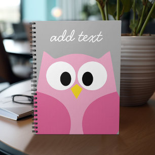 Cute Cartoon Owl - Pink and Grey Custom Name Spiral Notebook