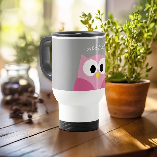 Cute Cartoon Owl - Pink and Grey Custom Name Travel Mug (Personalized travel mug - add photos and text or customize completely)
