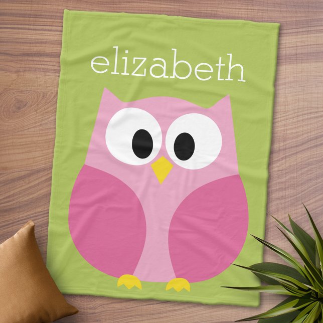 Cute Cartoon Owl - Pink and Lime Green Name Fleece Blanket (Personalized Fleece Blanket - Add Photos and Text or Customize completely in advanced design area)