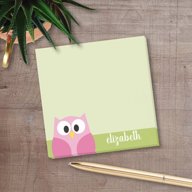 Cute Cartoon Owl - Pink and Lime Green Post-it Notes (Personalized Post It Notepads)