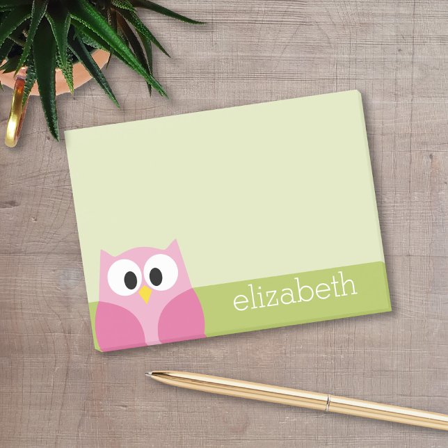 Cute Cartoon Owl - Pink and Lime Green Post-it Notes (A cute owl cartoon with a place to add your name.)