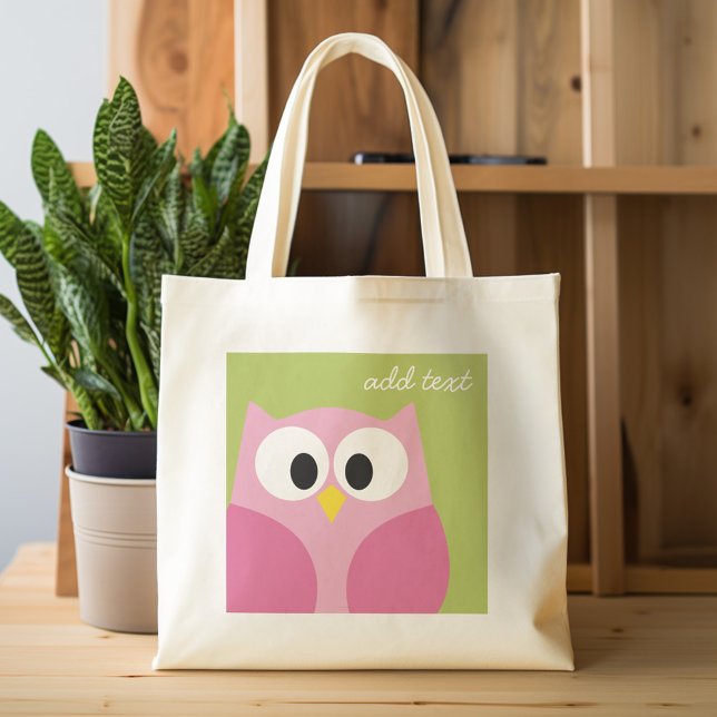 Cute Cartoon Owl - Pink and Lime Green Tote Bag (Personalized tote bag - cute owl and monogram)