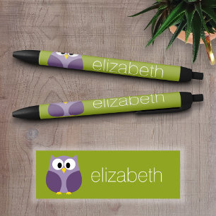Cute Cartoon Owl Purple and Pistachio Custom Name Black Ink Pen