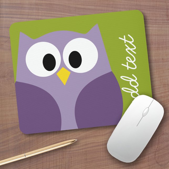 Cute Cartoon Owl Purple and Pistachio Custom Name Mouse Pad (Personalized mousepad - Add Photos and Custom Text)