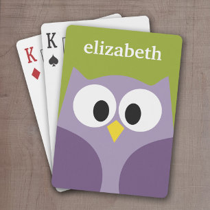 Cute Cartoon Owl Purple and Pistachio Custom Name Playing Cards