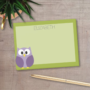 Cute Cartoon Owl Purple and Pistachio Custom Name Post-it Notes