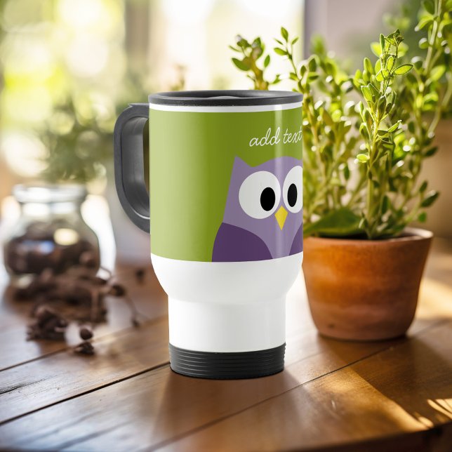 Cute Cartoon Owl Purple and Pistachio Custom Name Travel Mug (Personalized travel mug - add photos and text or customize completely)