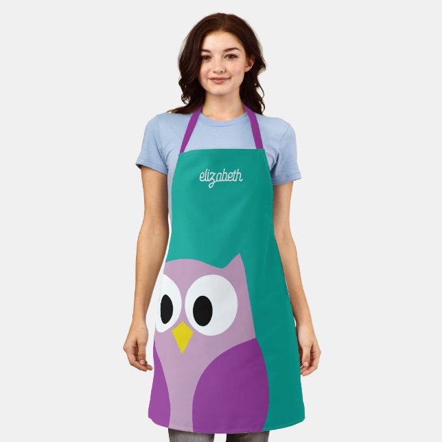 Cute Cartoon Owl with Big Eyes - Custom Name Apron (Worn)