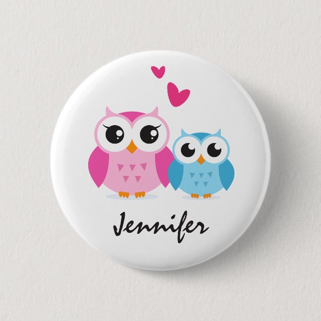 Cute cartoon owls with hearts personalised name 6 cm round badge (Front)
