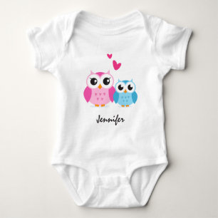 Cute cartoon owls with hearts personalised name baby bodysuit