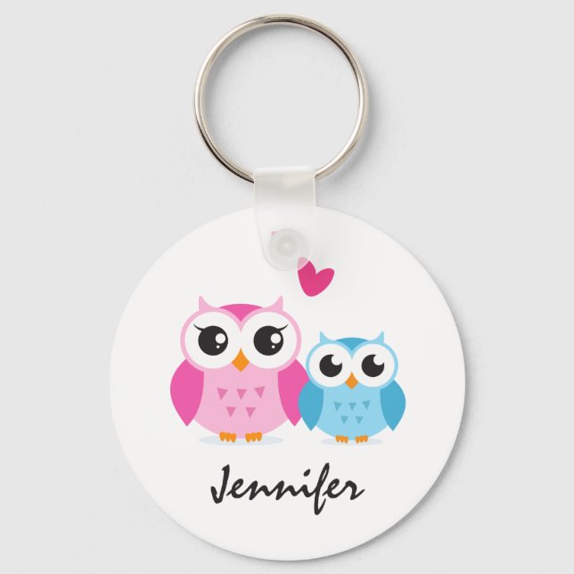 Cute cartoon owls with hearts personalised name key ring (Front)