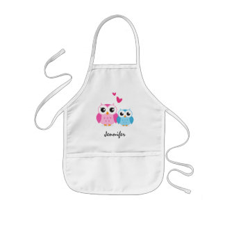 Cute cartoon owls with hearts personalised name kids apron