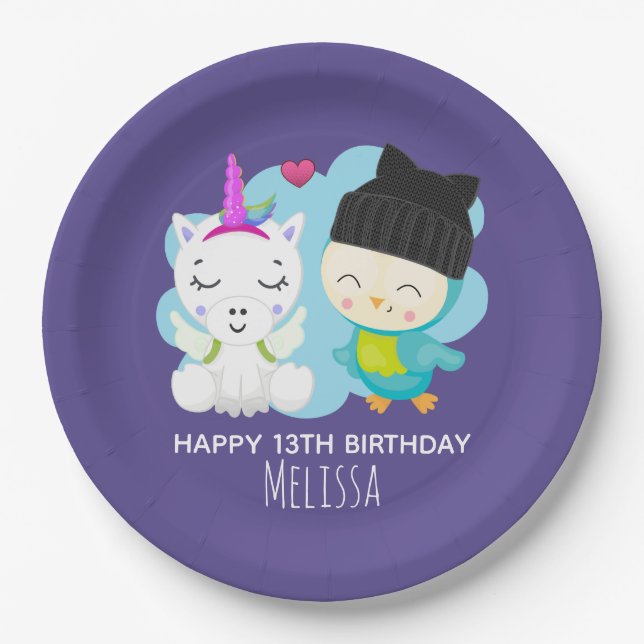 Cute Cartoon Pals -  Happy Unicorn & Bird Birthday Paper Plate (Front)