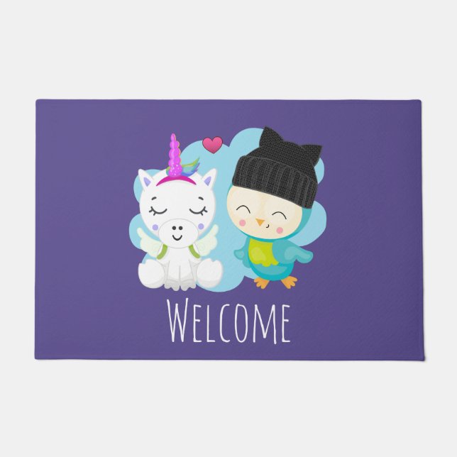 Cute Cartoon Pals -  Happy Unicorn & Bird Doormat (Front)