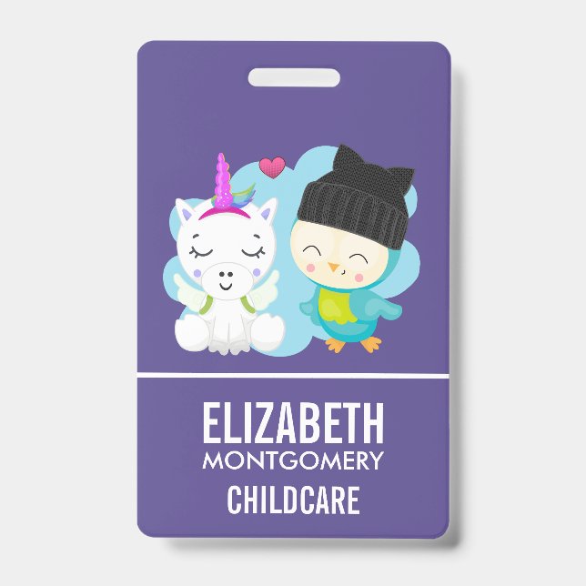 Cute Cartoon Pals -  Happy Unicorn & Bird ID Badge (Front)