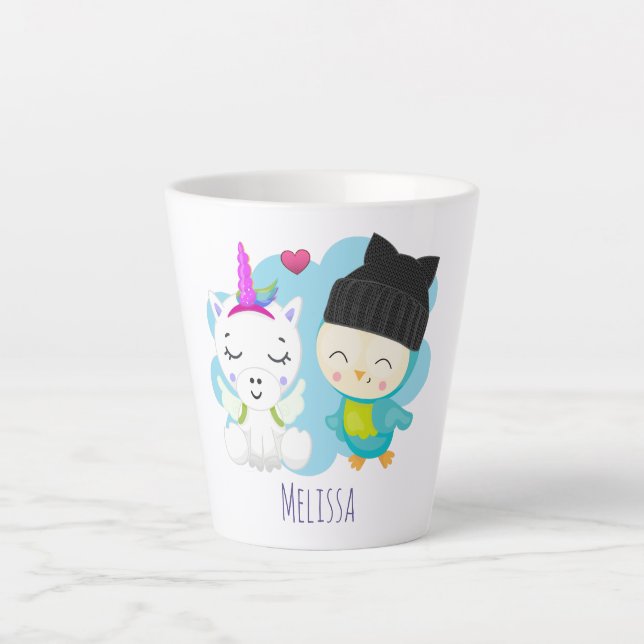 Cute Cartoon Pals -  Happy Unicorn & Bird Latte Mug (Front)