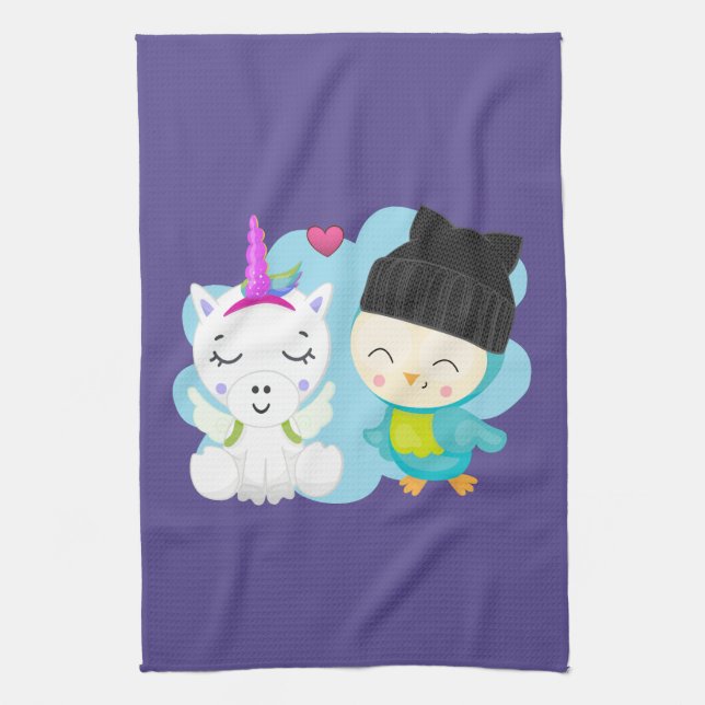 Cute Cartoon Pals -  Happy Unicorn & Bird Tea Towel (Vertical)
