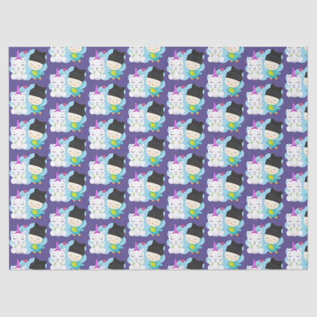 Cute Cartoon Pals -  Happy Unicorn & Bird Tissue Paper (Front)