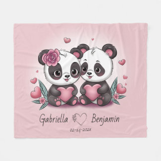 Cute Cartoon Panda Lovers Heart Valentine’s Day Fleece Blanket