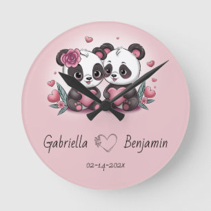 Cute Cartoon Panda Lovers Heart Valentine’s Day  Round Clock