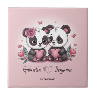 Cute Cartoon Panda Lovers Heart Valentine’s Day Tile