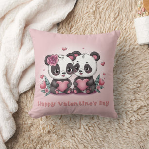 Cute Cartoon Panda Lovers Hearts Valentine’s Day Cushion