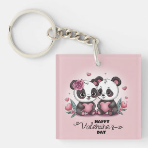 Cute Cartoon Panda Lovers Hearts Valentine’s Day Key Ring
