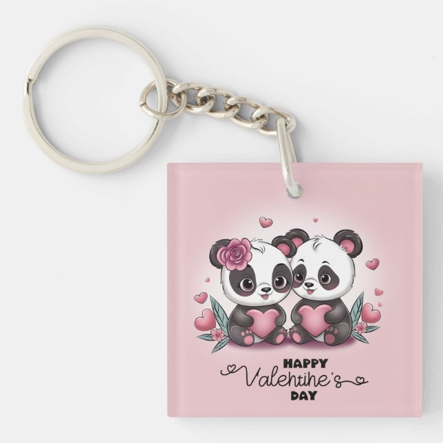 Cute Cartoon Panda Lovers Hearts Valentine’s Day Key Ring (Front)