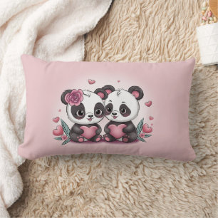 Cute Cartoon Panda Lovers Hearts Valentine’s Day Lumbar Cushion