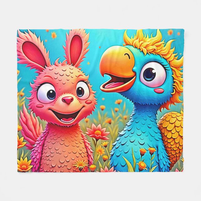 Cute Cartoon Parrot Bunny Art Fleece Blanket (Front (Horizontal))