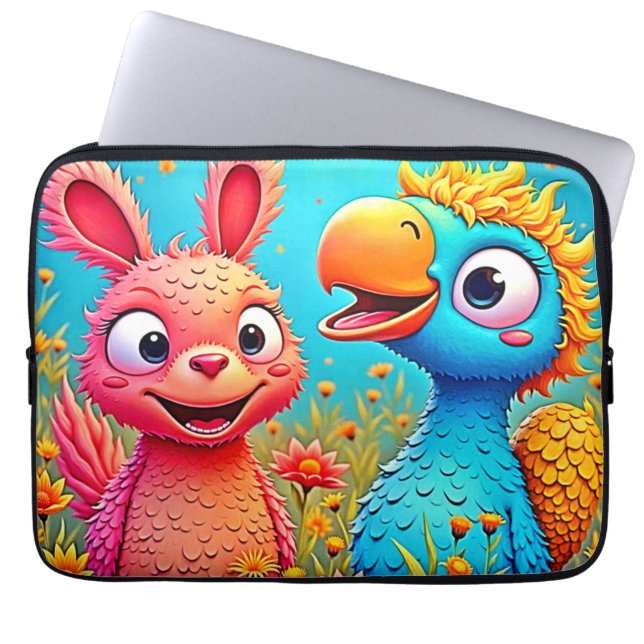 Cute Cartoon Parrot Bunny Art Laptop Sleeve (Front)